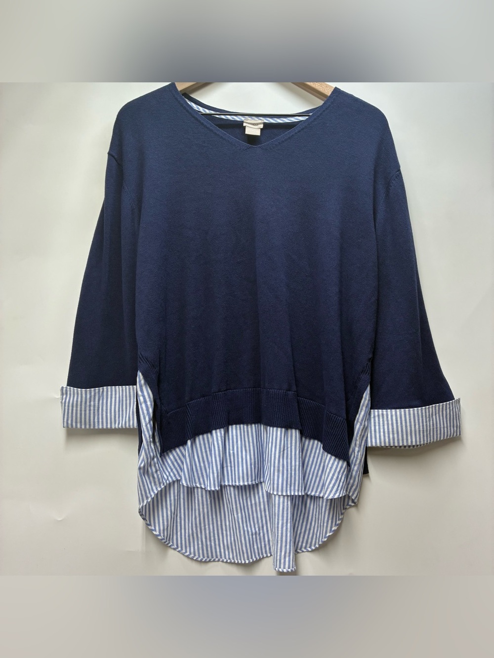 Chicos Large 2 Cotton Sweater Shirt Navy Blue Layer Office Career Preppy Coastal